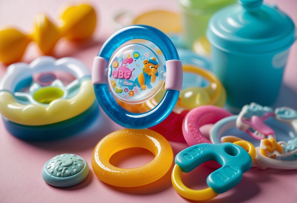 A set of Nuby Ice Gel Teether Keys surrounded by other newborn care products