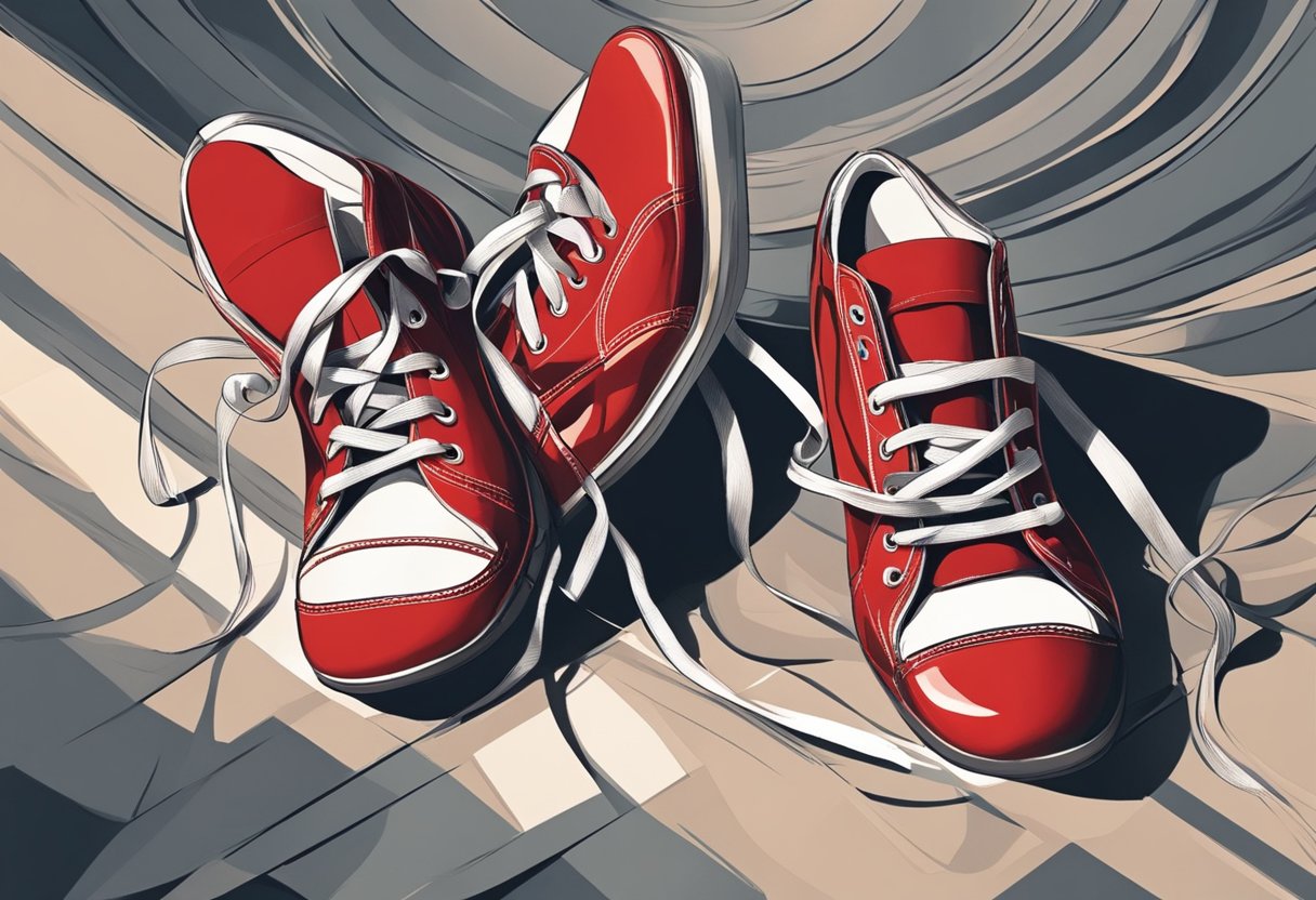 A pair of red shoes surrounded by swirling, ominous shadows, evoking themes of temptation and consequence