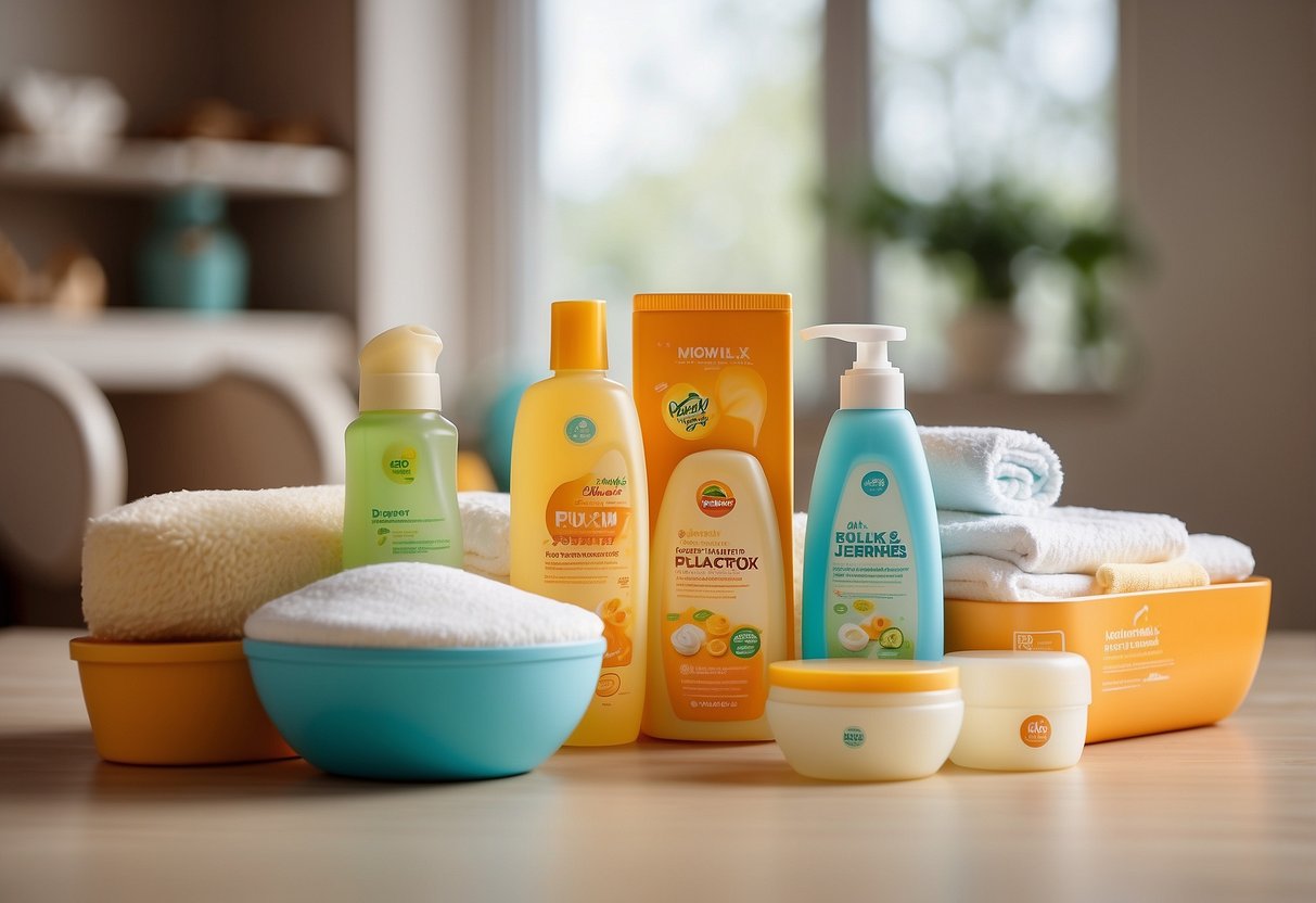 A table filled with various newborn care products, including diapers, wipes, baby lotion, and a baby bathtub. Bright colors and soft textures are visible, creating a warm and inviting scene