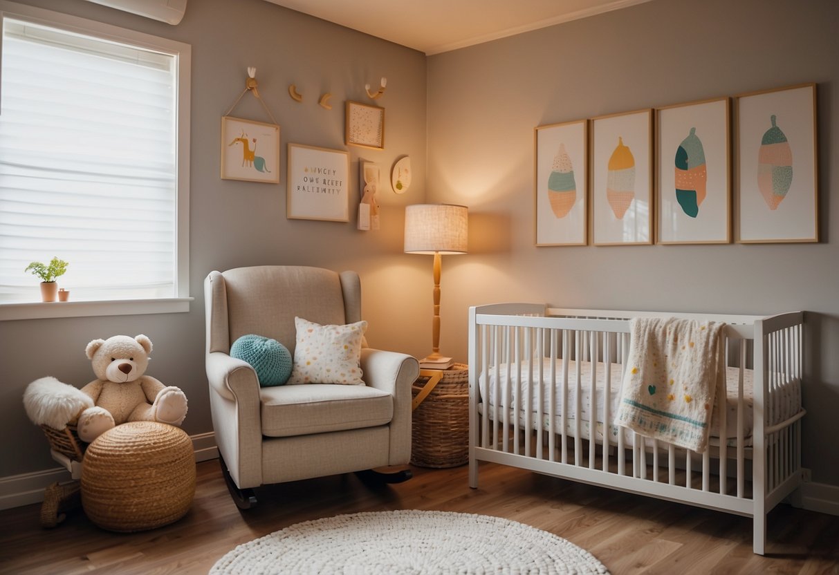 A cozy nursery with soft lighting, a rocking chair, and a crib. On the wall, a colorful poster outlines 7 tips for managing common newborn ailments at home