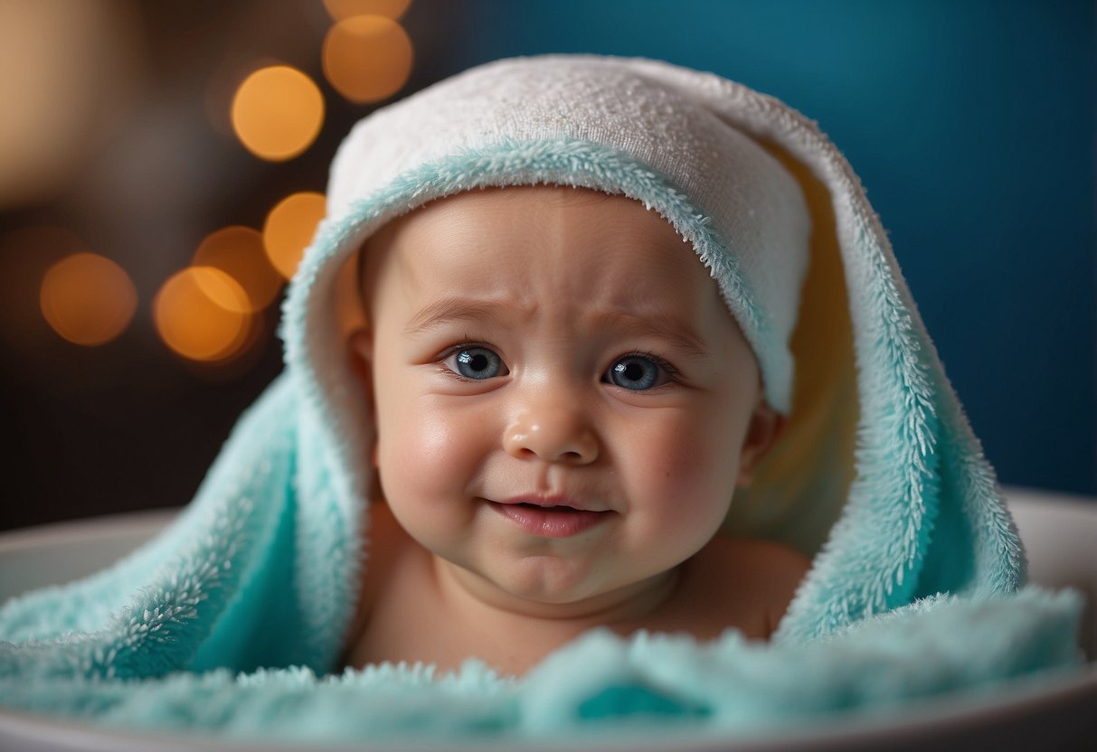 A small towel is being soaked in warm water, then gently wrung out before being applied to a baby's abdomen