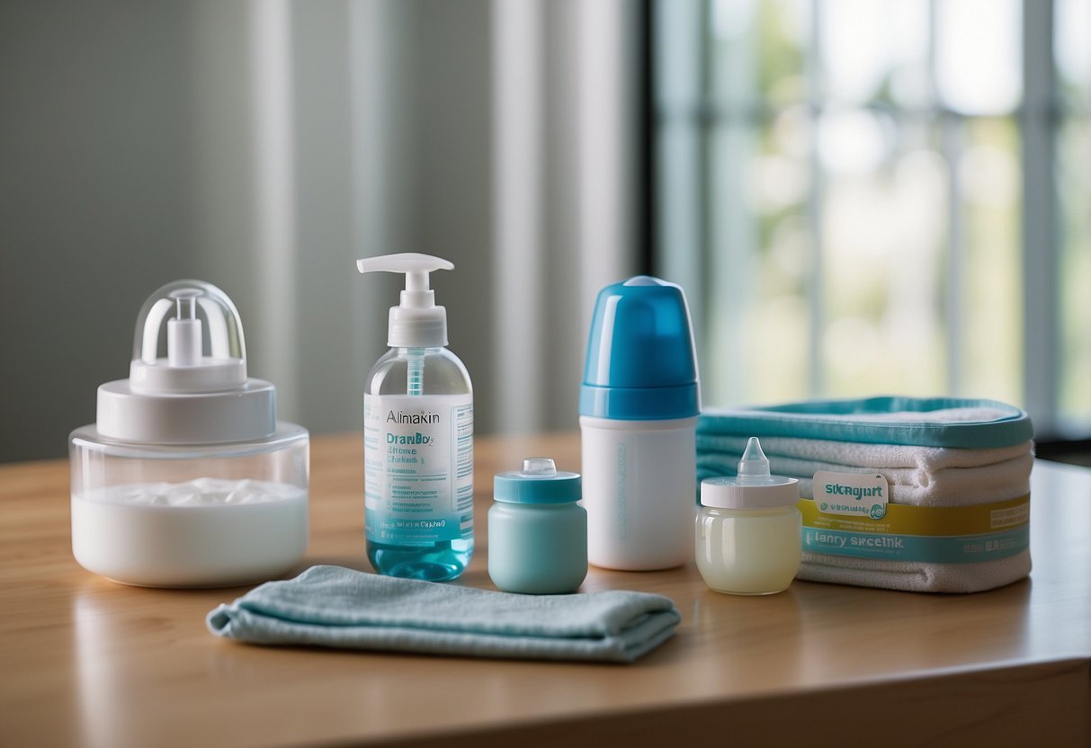 A baby bottle filled with water sitting on a clean, organized changing table, surrounded by diapers, wipes, and a thermometer. A small chart with tips for managing common newborn ailments is pinned to the wall