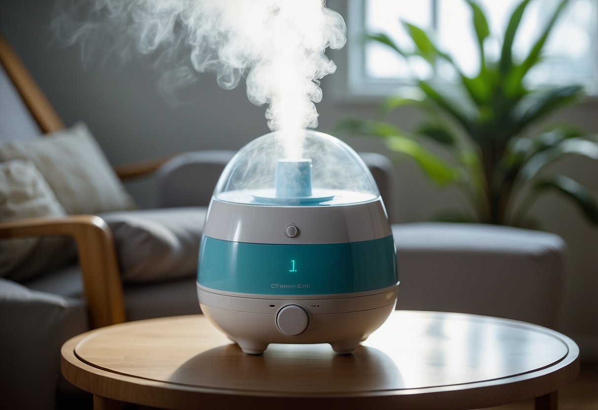 A humidifier emits steam into a nursery, alleviating dry air. Seven tips for managing newborn ailments are displayed nearby