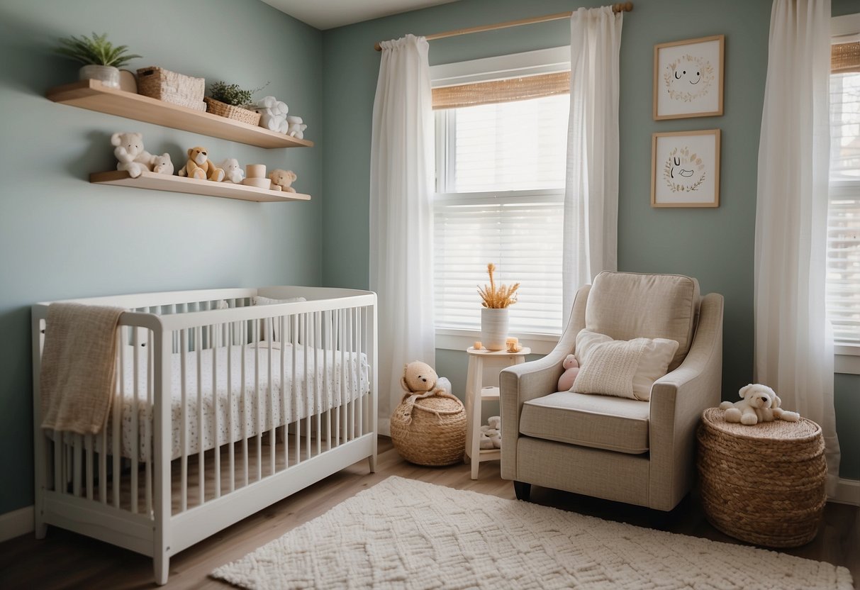 A cozy nursery with a crib, changing table, and soothing colors. A shelf stocked with baby essentials like diapers, wipes, and gentle remedies. A calm, organized space ready to care for a newborn