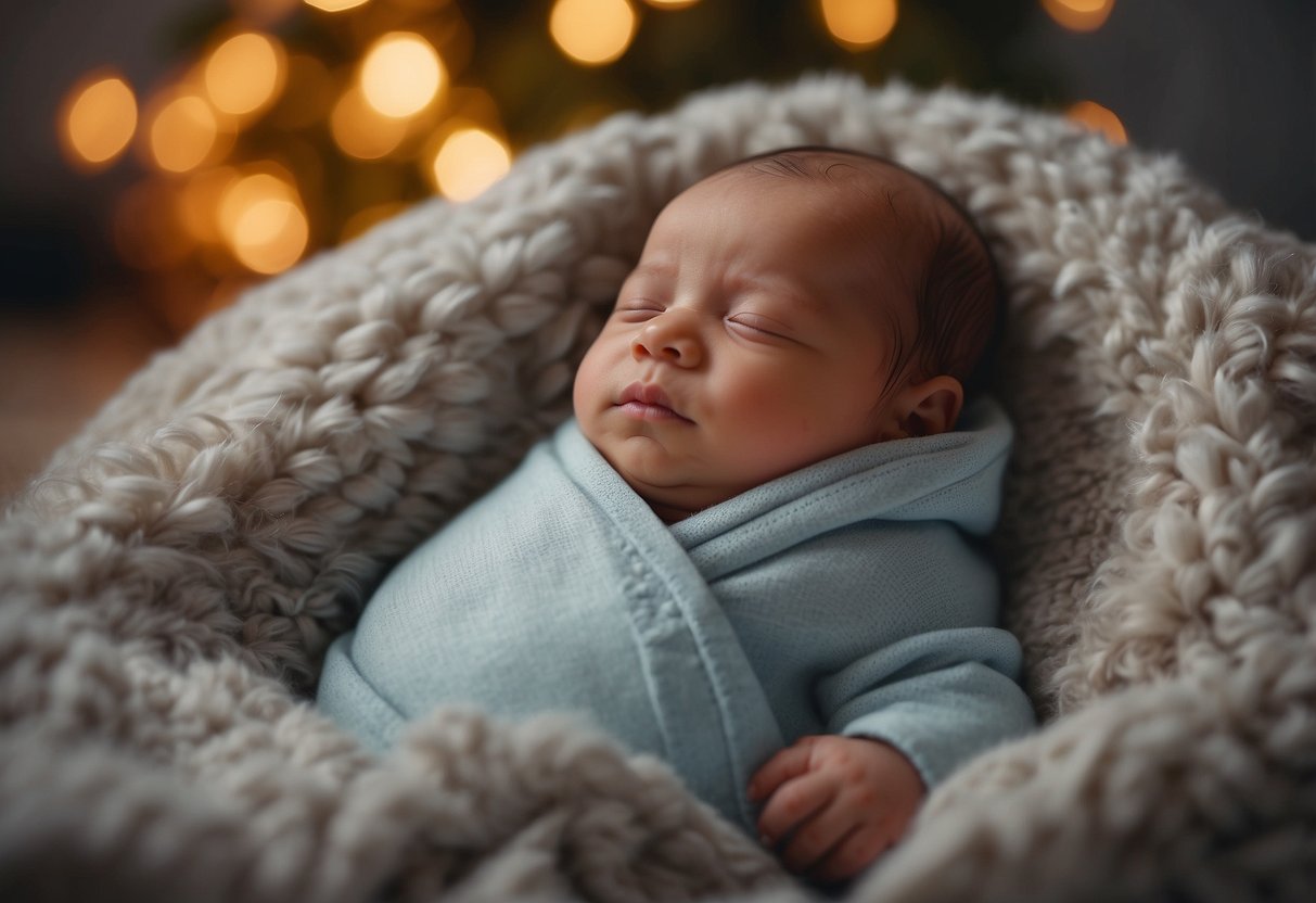 A serene newborn nestled in a soft blanket, gazing up at a loving parent, surrounded by gentle toys and soothing music