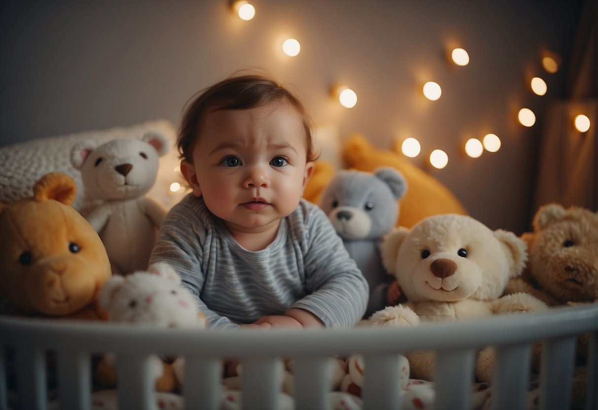 A peaceful baby lies in a cozy crib, surrounded by soft toys and a gentle nightlight. The room is quiet, and a soothing lullaby plays in the background, creating a serene and loving atmosphere