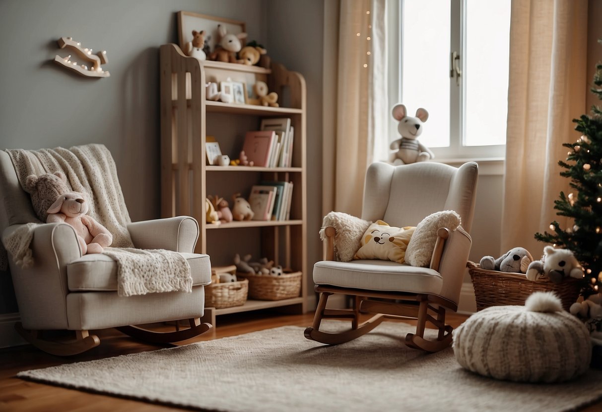 A cozy nursery with soft lighting, a rocking chair, and a stack of children's books. A gentle, loving atmosphere with the focus on the act of reading and bonding