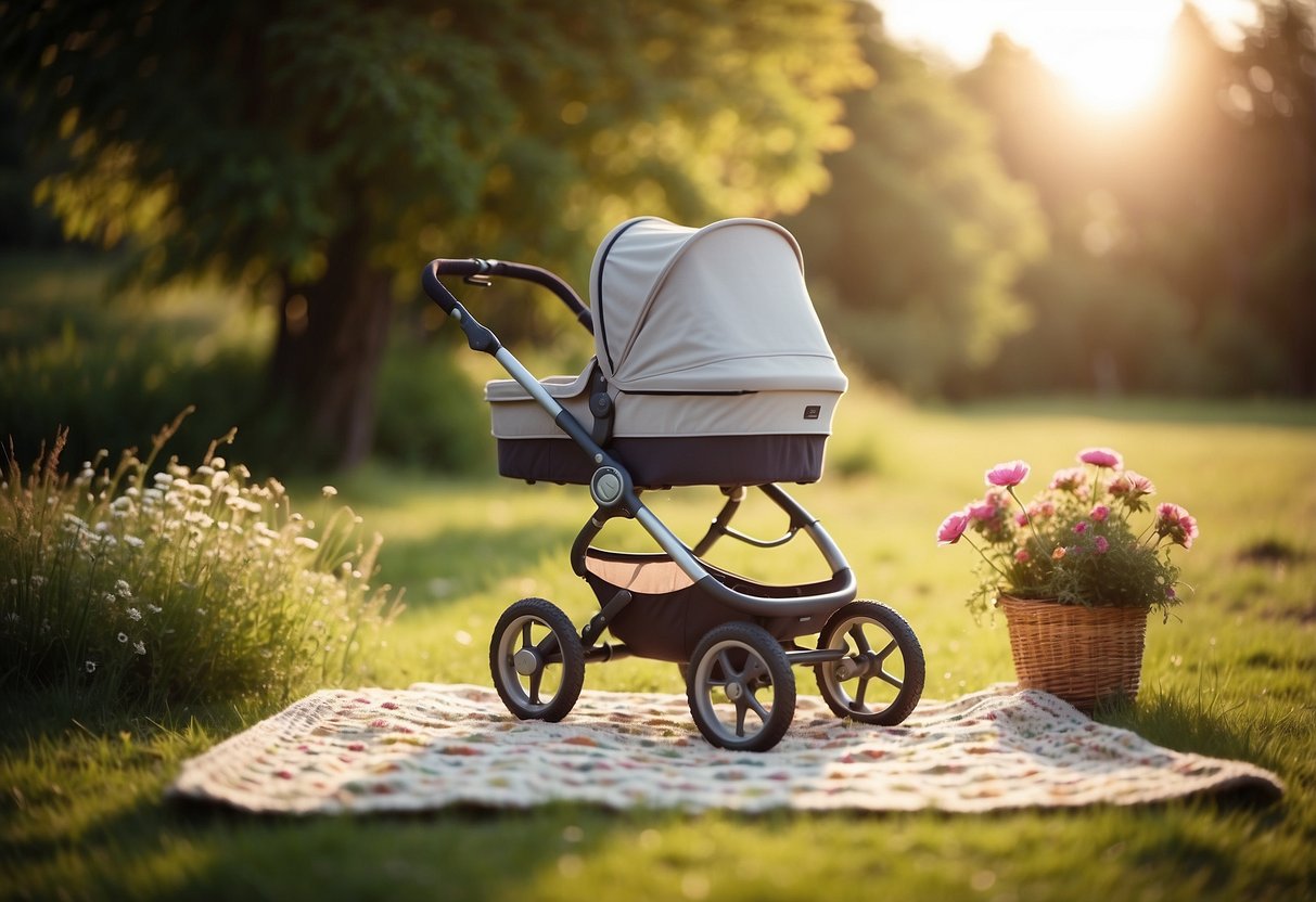 A peaceful nature scene with a stroller and a baby blanket, surrounded by gentle sunlight and colorful flowers