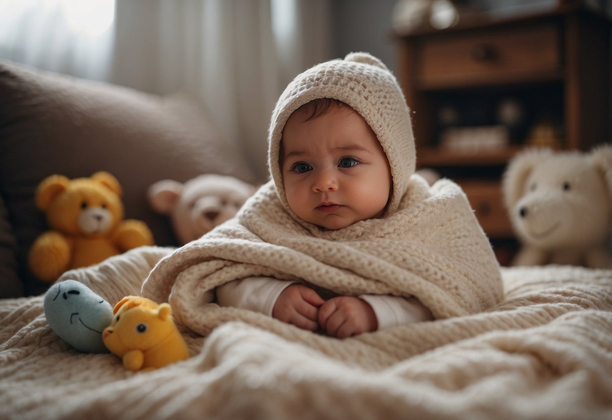 A newborn nestled in a soft blanket, surrounded by toys and books. A parent gazes lovingly at the baby, while soft music plays in the background