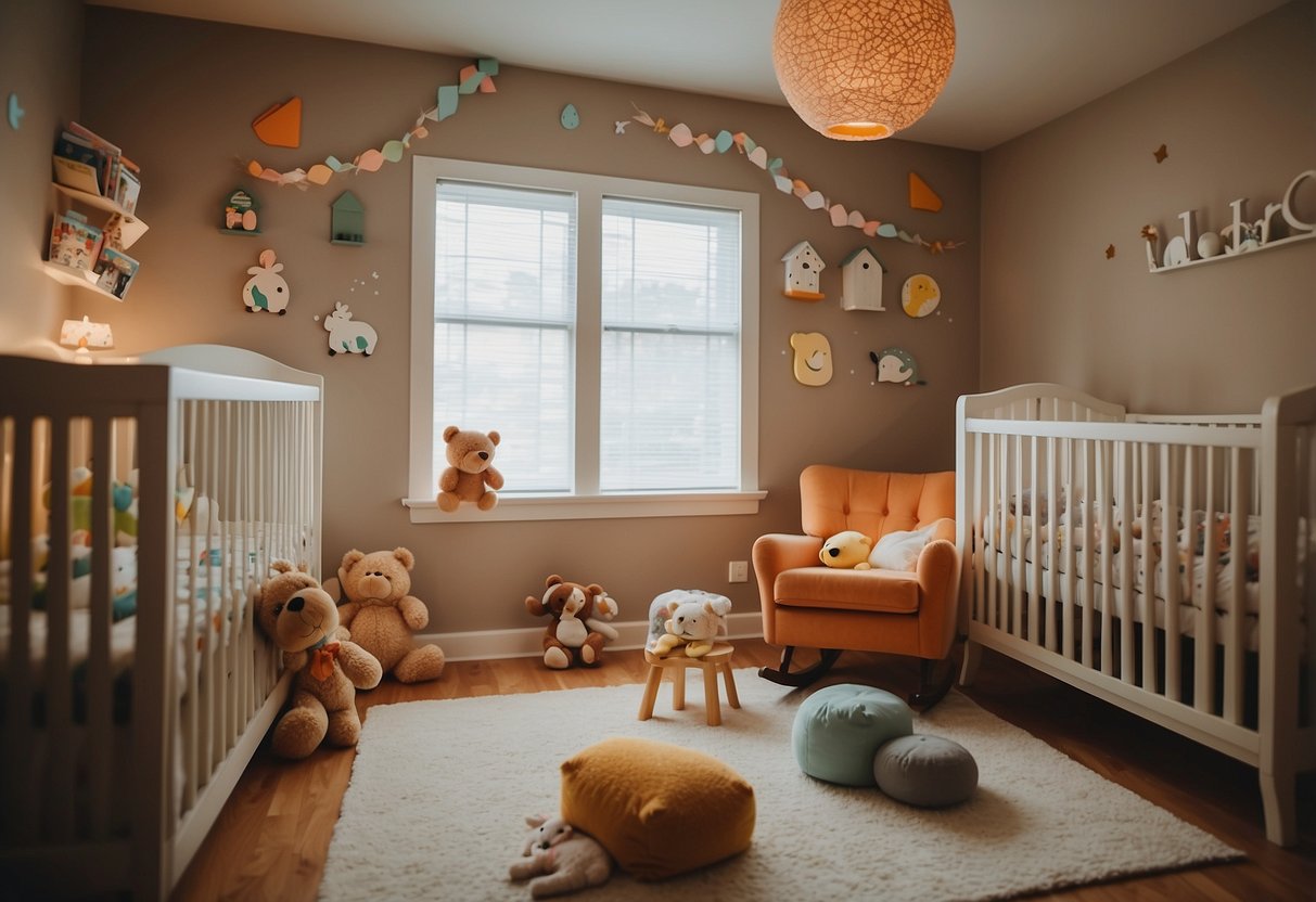 A cozy nursery with soft lighting, a rocking chair, and a collection of children's books. A mobile of colorful shapes and animals hangs above the crib, while a gentle lullaby plays in the background