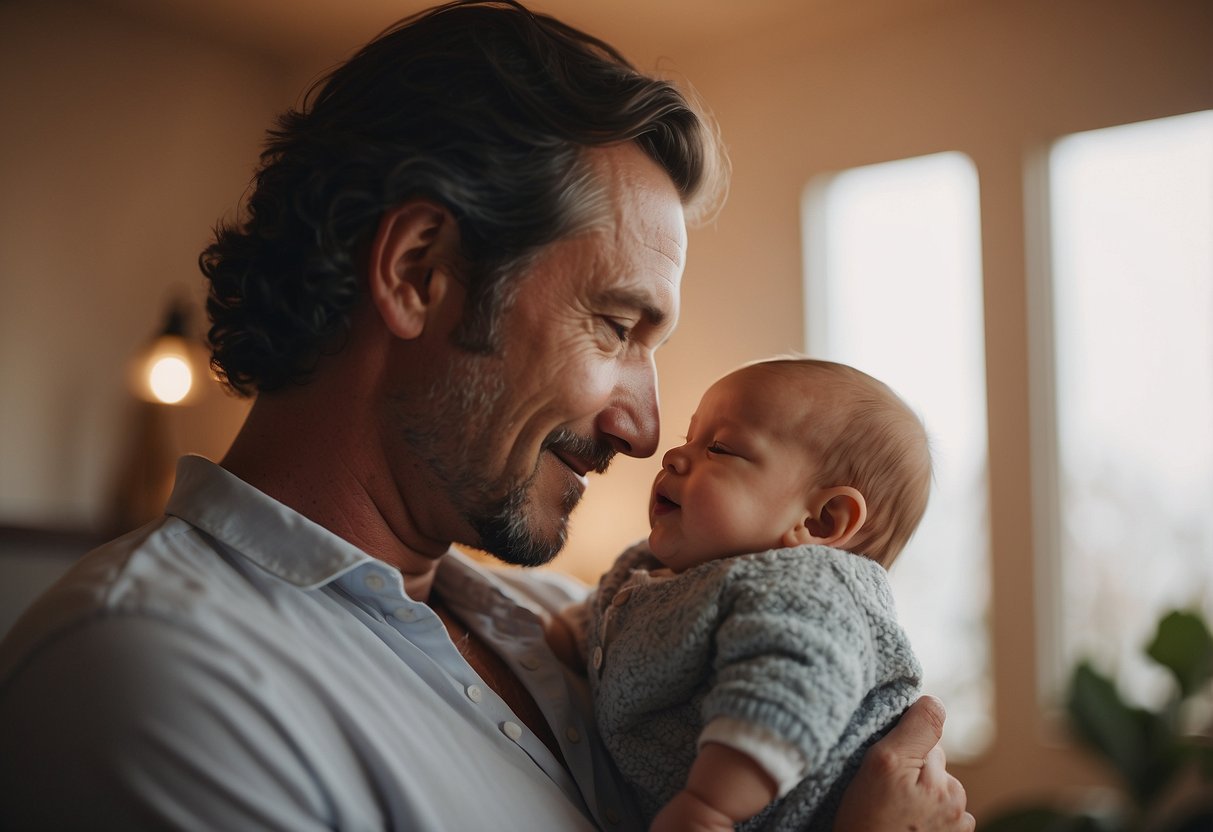 A parent and newborn engage in skin-to-skin contact, gazing into each other's eyes. Soft music plays as they sway gently, creating a peaceful and intimate moment