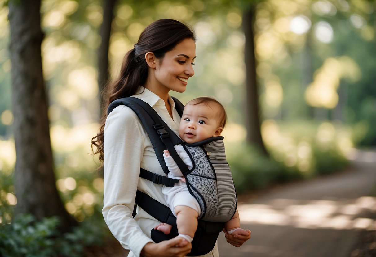 A serene nature walk with a baby carrier, surrounded by tall trees and chirping birds. The sun shines through the leaves, casting dappled light on the path