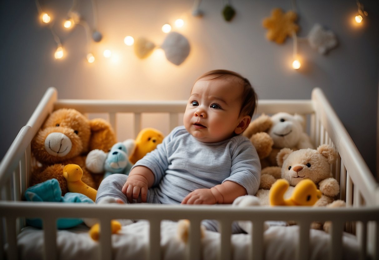 A baby lying in a crib, surrounded by various baby items such as a pacifier, bottle, and toys. The room is softly lit with a warm, cozy atmosphere