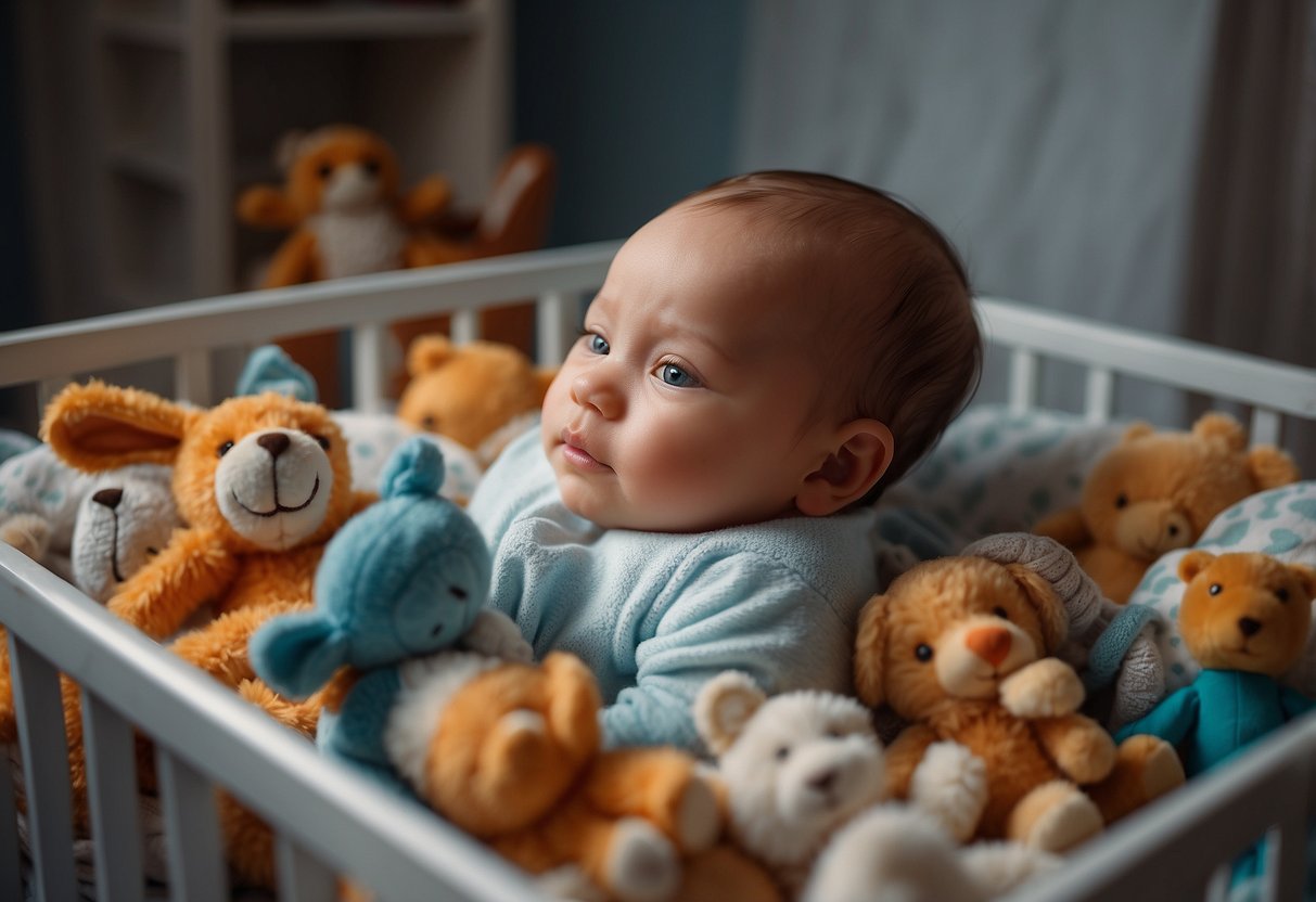 A newborn lies in a crib, surrounded by toys and books. The room is quiet, with no one talking or making eye contact with the baby