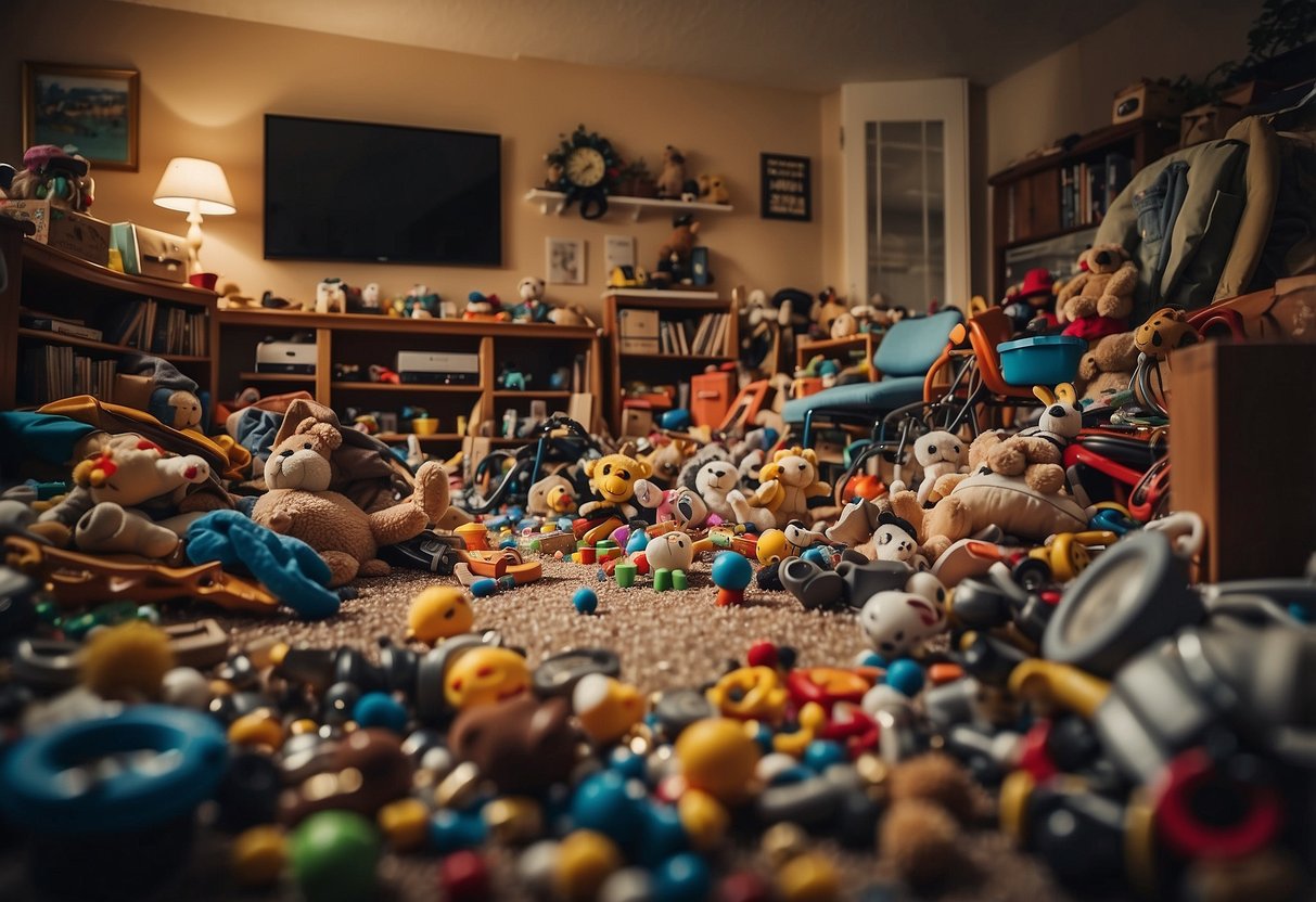 A cluttered room with an overwhelming amount of toys scattered across the floor, creating a sense of overstimulation and chaos