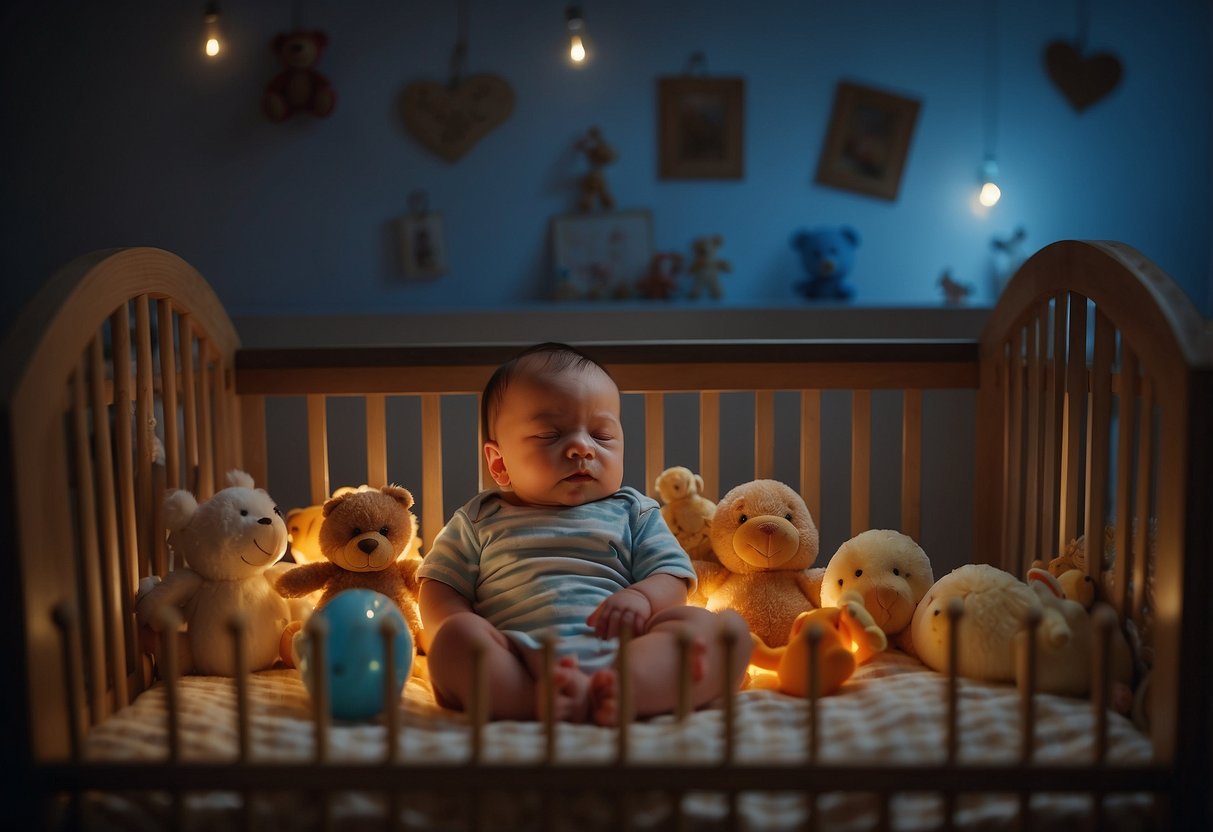 A newborn lies alone in a crib, surrounded by empty bottles and toys. The room is dimly lit, with no signs of interaction or bonding