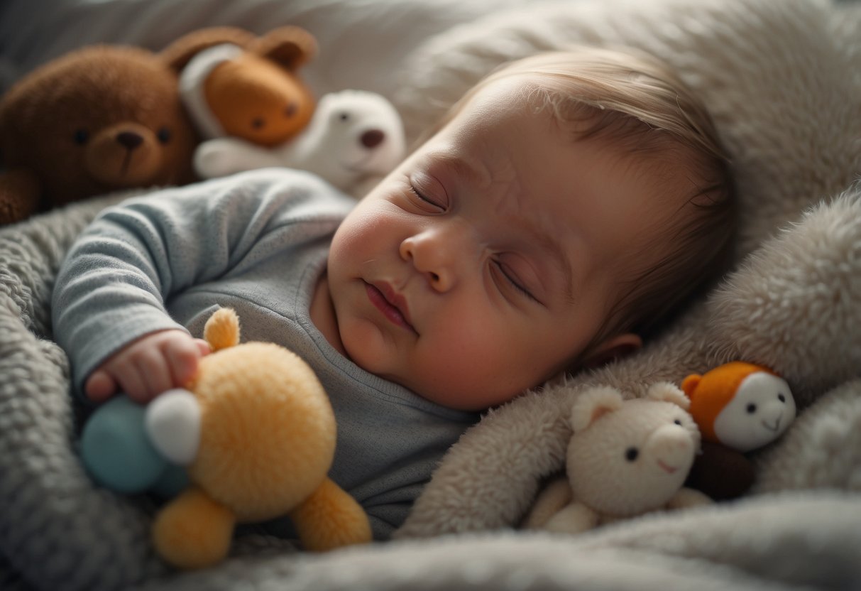 A newborn lies peacefully in a cozy blanket, surrounded by soft toys and soothing music. A parent gazes lovingly at the baby, creating a warm and nurturing environment for bonding