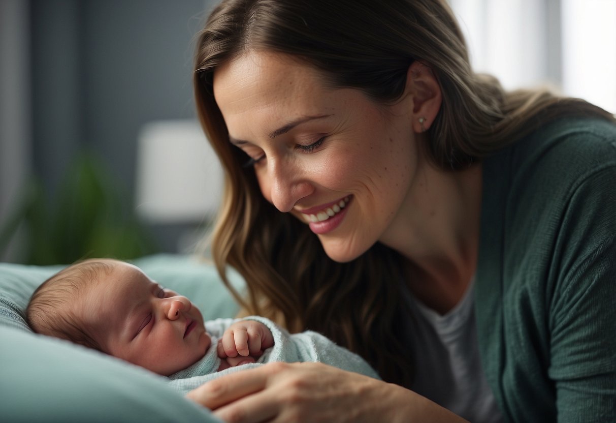 Newborn gazing at caregiver, smiling, reaching out, cooing, and making eye contact. Caregiver responding with soothing voice, gentle touch, and frequent cuddling. Peaceful and content atmosphere