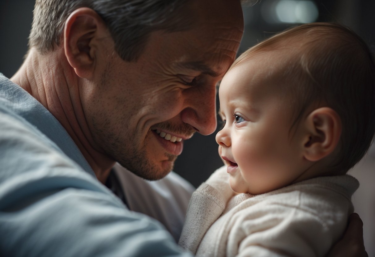 Newborn gazing at caregiver, smiling, cooing, reaching out, following with eyes, calm and content, seeking comfort, responding to voice, showing trust and security