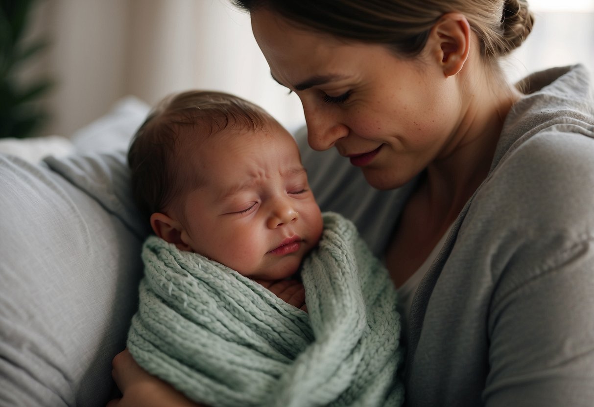 A peaceful newborn nestled in a cozy embrace, content and secure, showing signs of strong bonding with their caregiver