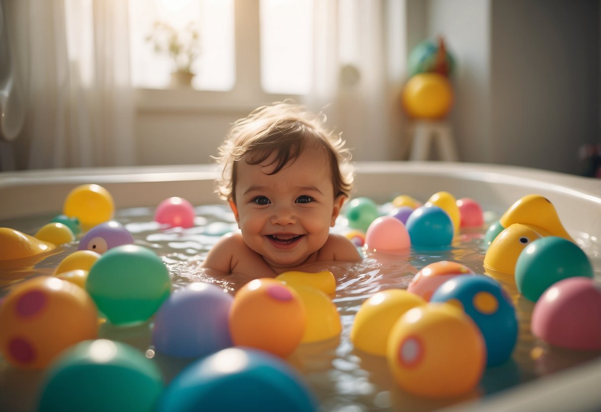 A newborn surrounded by colorful bath toys, smiling and kicking in the warm water, while a parent lovingly watches over them