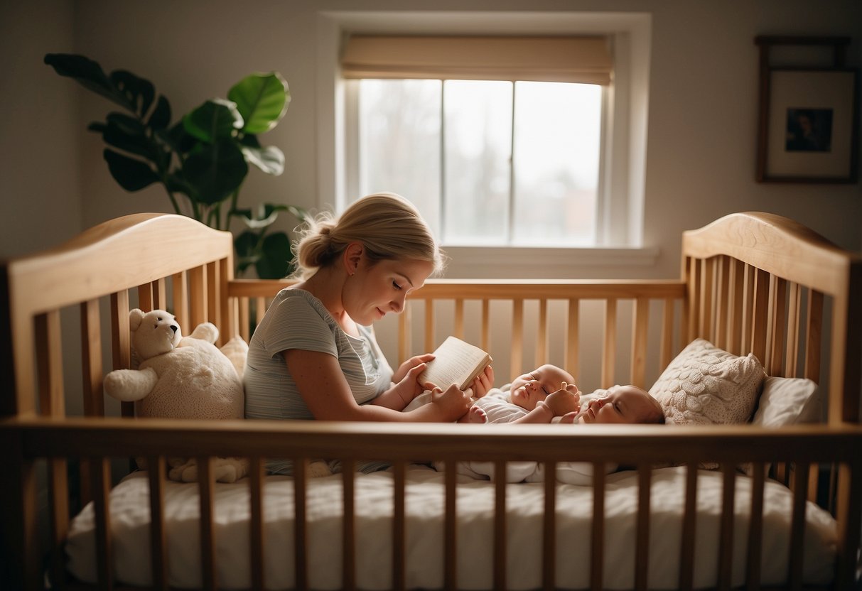 A baby lying peacefully in a crib while the partner lovingly reads a story to them, creating a warm and nurturing atmosphere