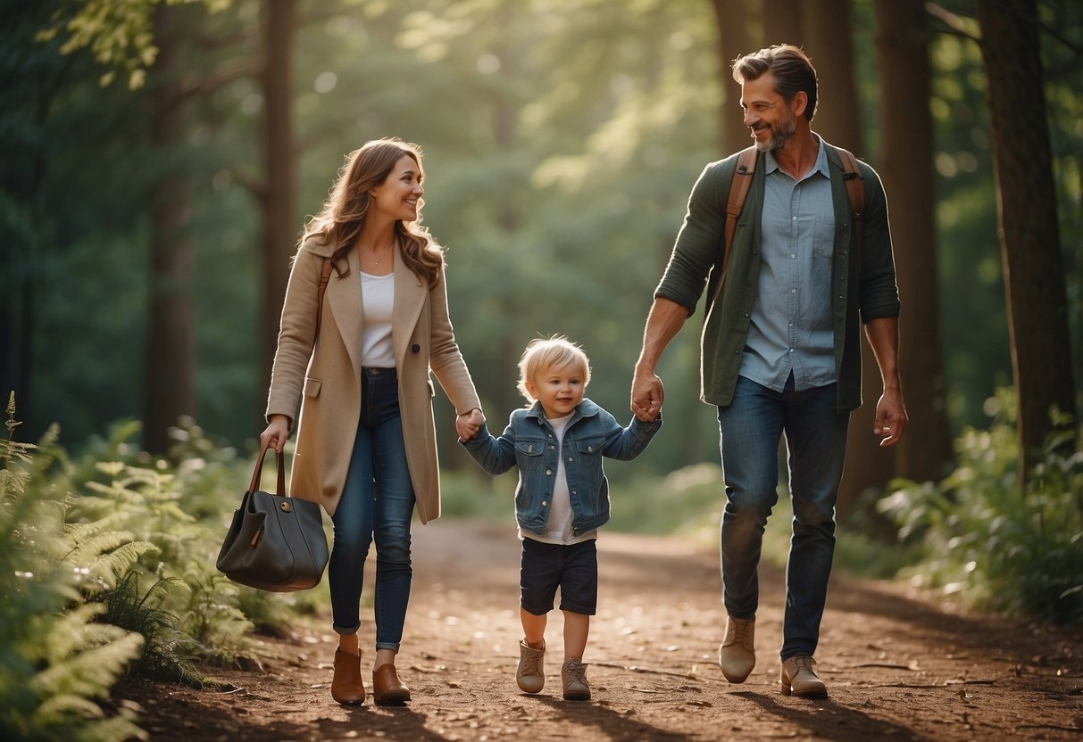 A family walks through a peaceful forest, surrounded by tall trees and chirping birds. The baby is nestled in a carrier, while the parents hold hands and share smiles, enjoying the serene nature together