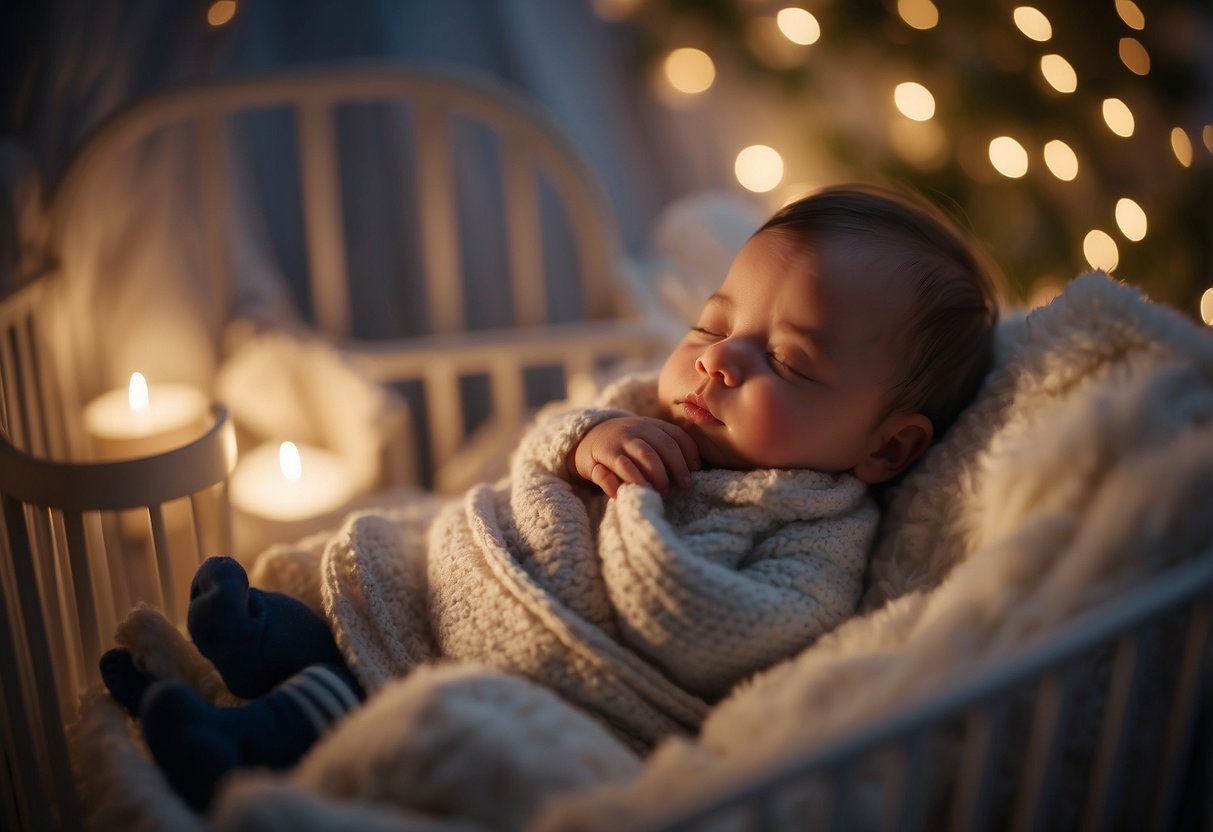 A newborn lying peacefully in a cozy crib, surrounded by soft blankets and toys. A partner tenderly sings a lullaby, creating a warm and loving atmosphere