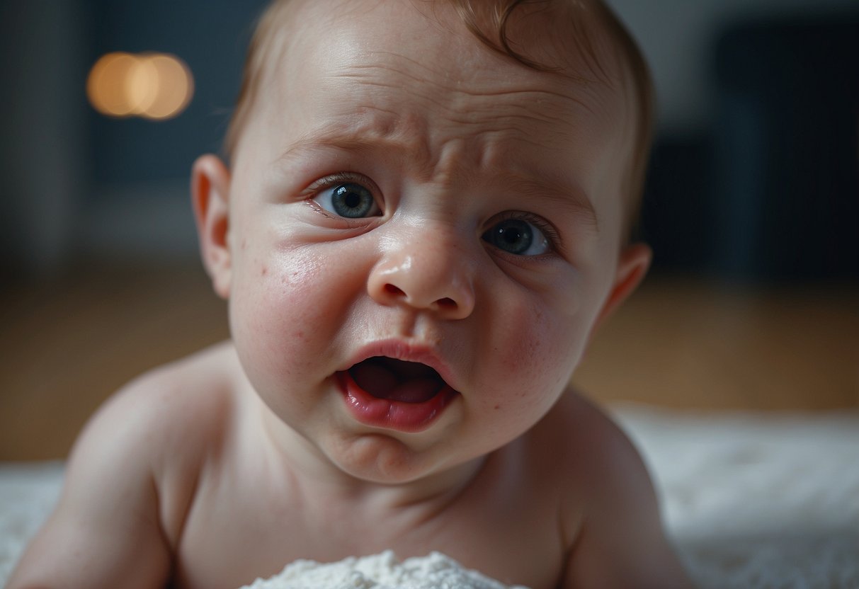 A crying baby with red, irritated skin. Used diaper left on too long. Incorrect diaper size. Inadequate cleaning. Harsh wipes. No diaper-free time. Incorrect diaper cream