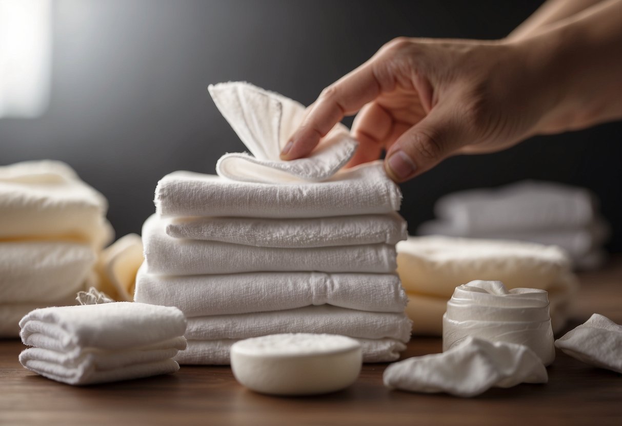 A hand reaches for a scented wipe or powder next to a stack of clean diapers. A diapering mistake is about to be made