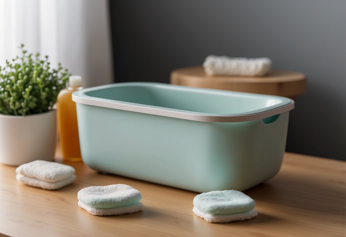 A diaper changing station with wipes, diapers, and a small trash bin. A baby bathtub with a washcloth and baby soap. A soft brush and comb for gentle grooming