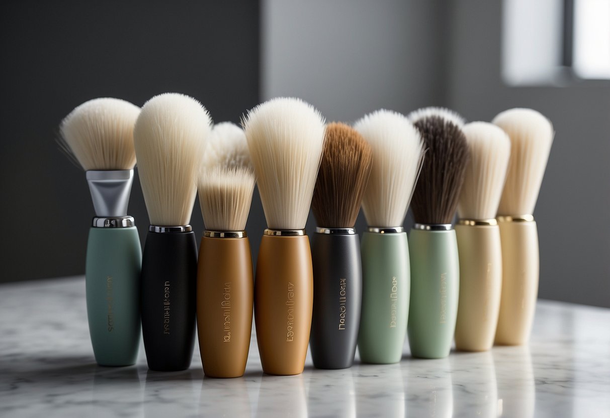 A set of soft bristle brushes arranged on a clean, organized surface with a gentle, soothing color palette. Each brush is labeled with a different grooming routine for newborns