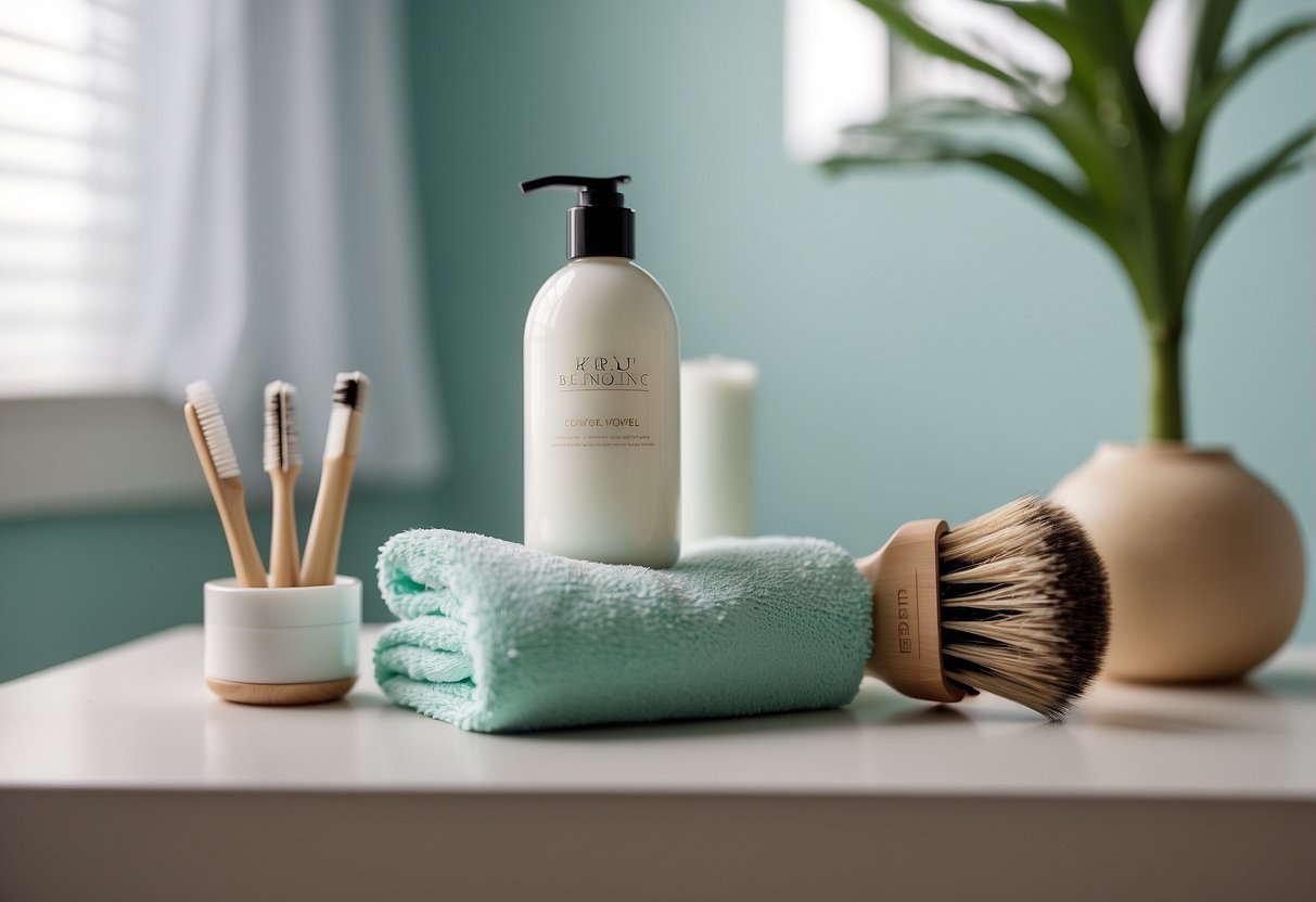 A bottle of moisturizing lotion sits on a changing table next to a stack of soft baby towels and a small hairbrush. A gentle, calming scent fills the air