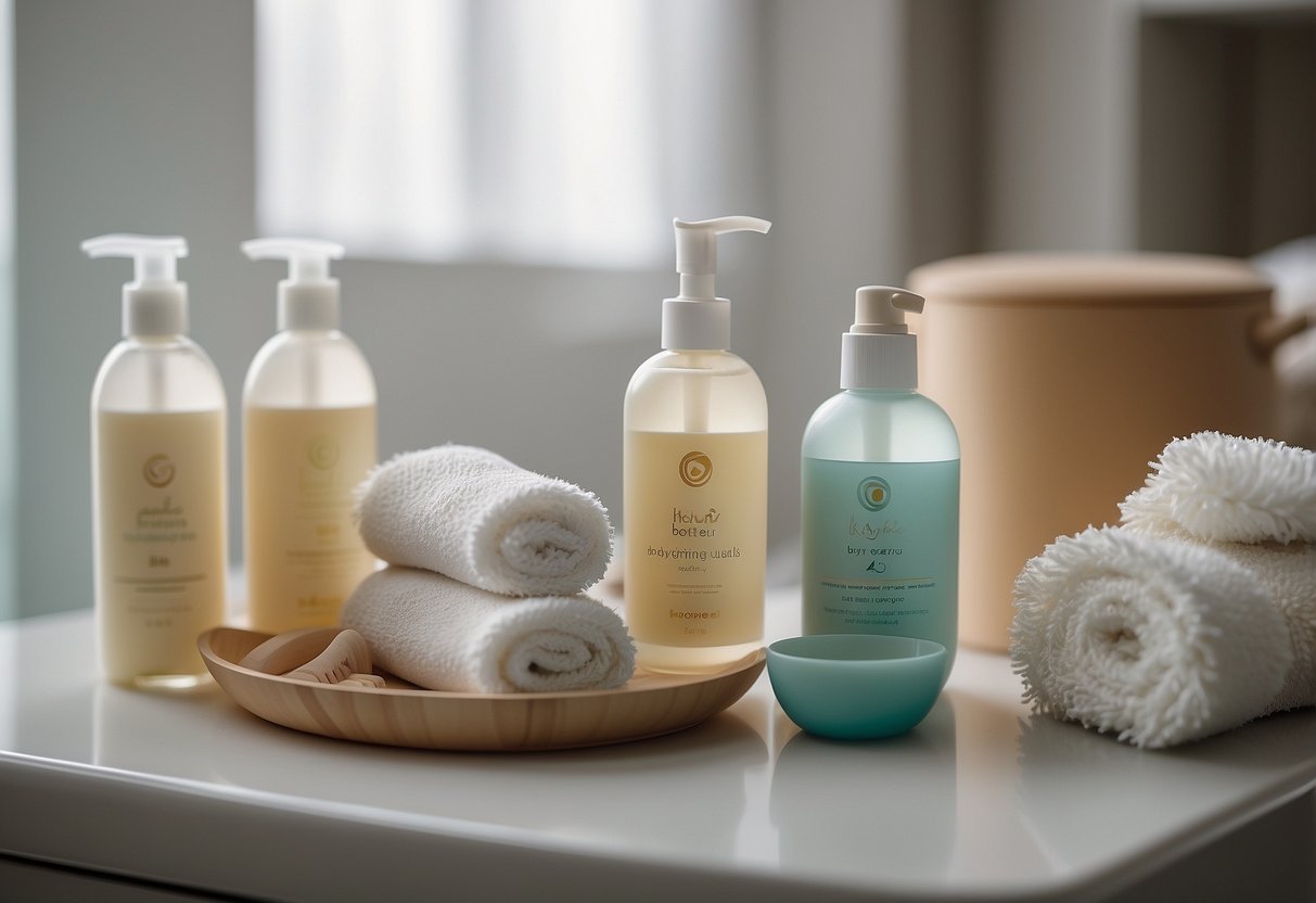 A cozy nursery with baby grooming essentials neatly organized on a changing table. Soft towels, gentle baby shampoo, and a cute hairbrush are ready for use