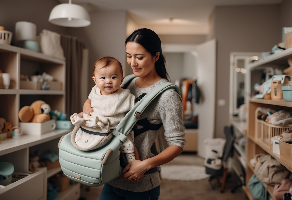 A cluttered nursery with scattered baby grooming products. A tired parent multitasking with a baby carrier while trying to organize the chaos