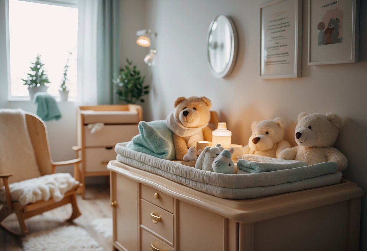 A nursery with a humidifier, soft lighting, and baby skincare products on a changing table