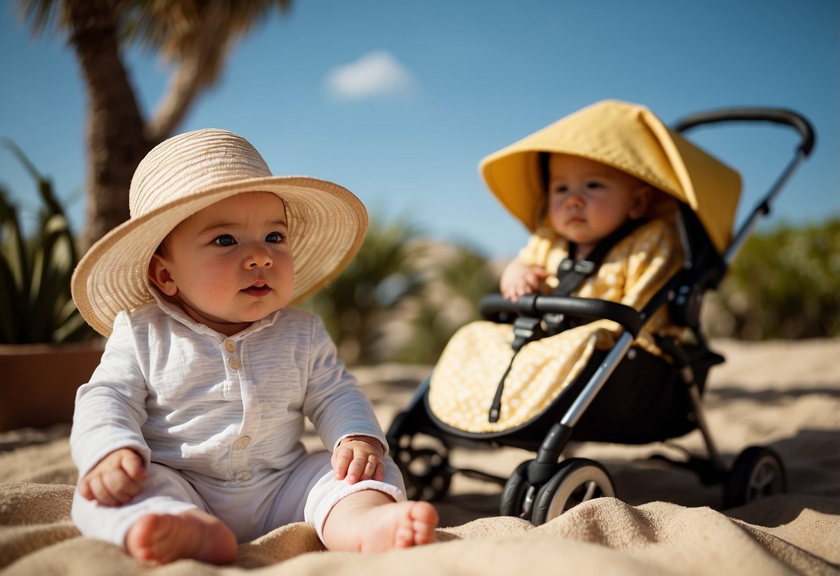 A baby lying in the shade under a wide-brimmed hat, surrounded by sunscreen, protective clothing, and a stroller with a sunshade