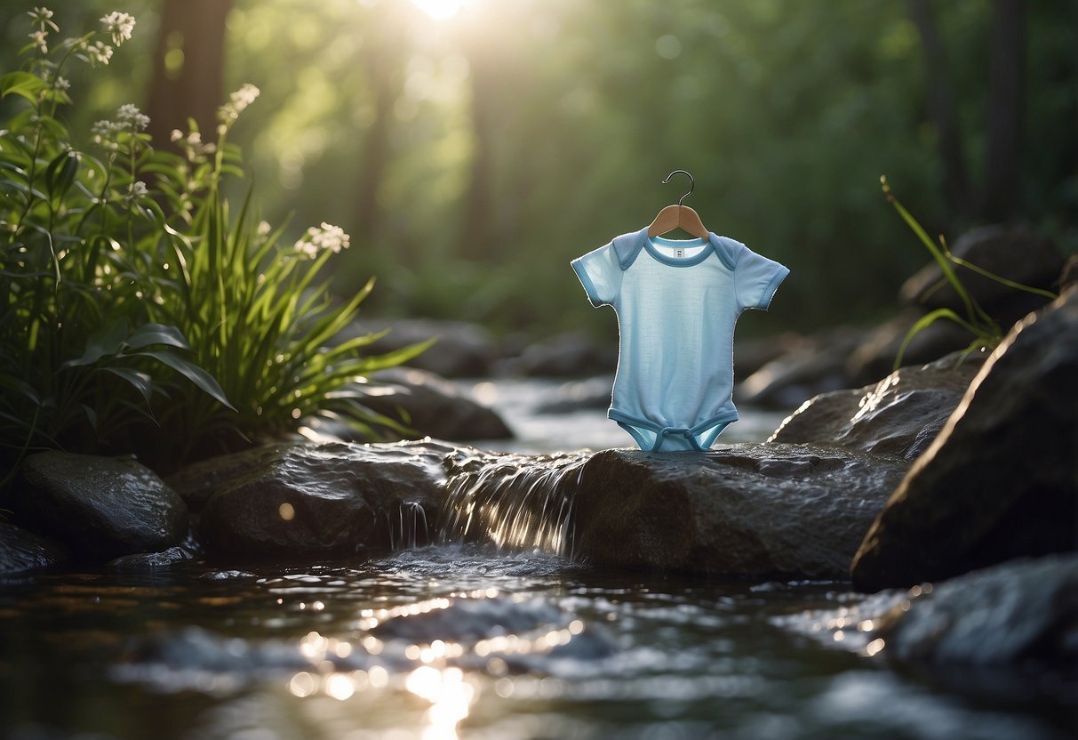 A baby's onesie being washed with fragrance-free detergent in a gentle, bubbling stream of water