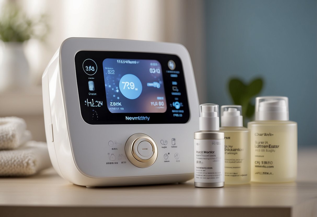 A baby monitor displays while various skincare products and items for newborns surround it, emphasizing the importance of keeping a baby's skin healthy and soft