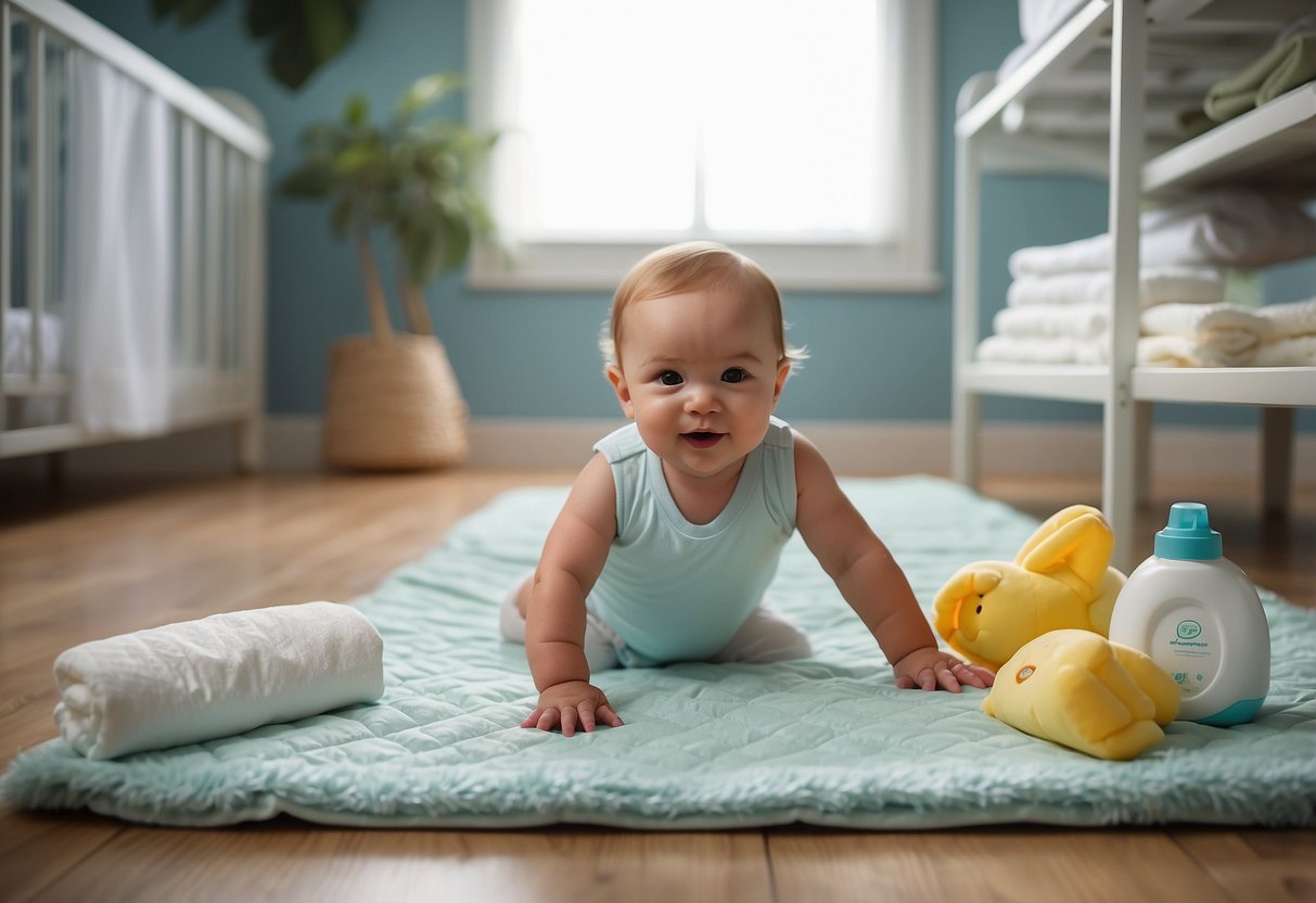 A clean, organized changing area with diapers, wipes, and disposal system. A happy, calm baby laying on a soft, cushioned surface. A caregiver using gentle, confident movements to change the diaper