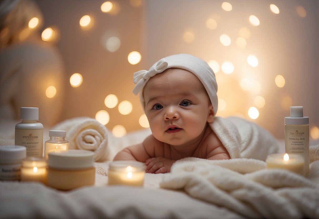 A baby lies on a soft, clean surface surrounded by gentle, fragrance-free skincare products. The room is warm and quiet, with soft lighting creating a peaceful atmosphere