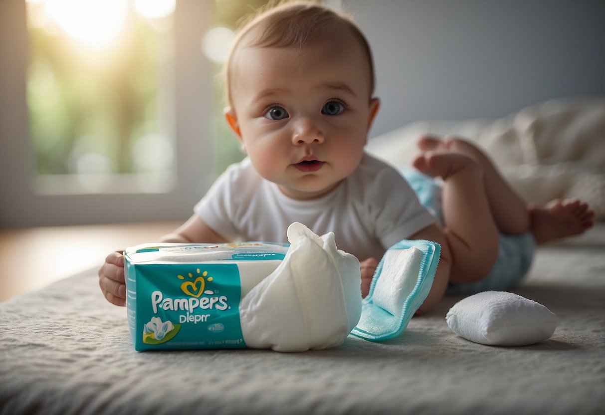 A clean diaper being changed on a soft, padded surface with a container of baby wipes and diaper cream nearby