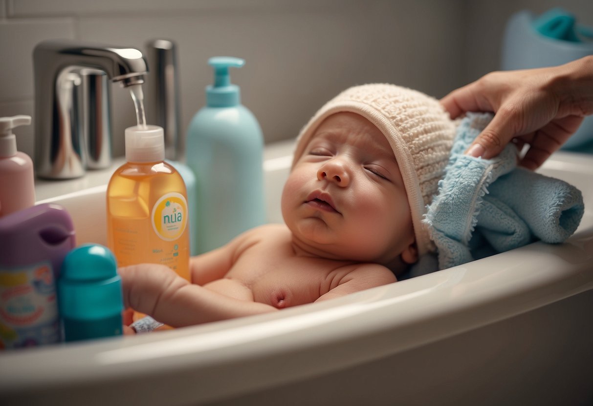 A newborn lies in a bathtub, surrounded by various baby care products. A caregiver gently washes the baby, following recommended practices to prevent skin issues