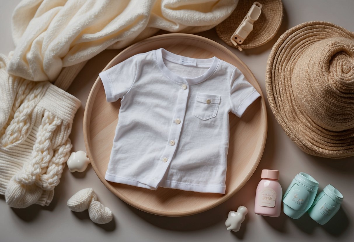 Soft cotton clothing laid out with baby care items to prevent skin issues