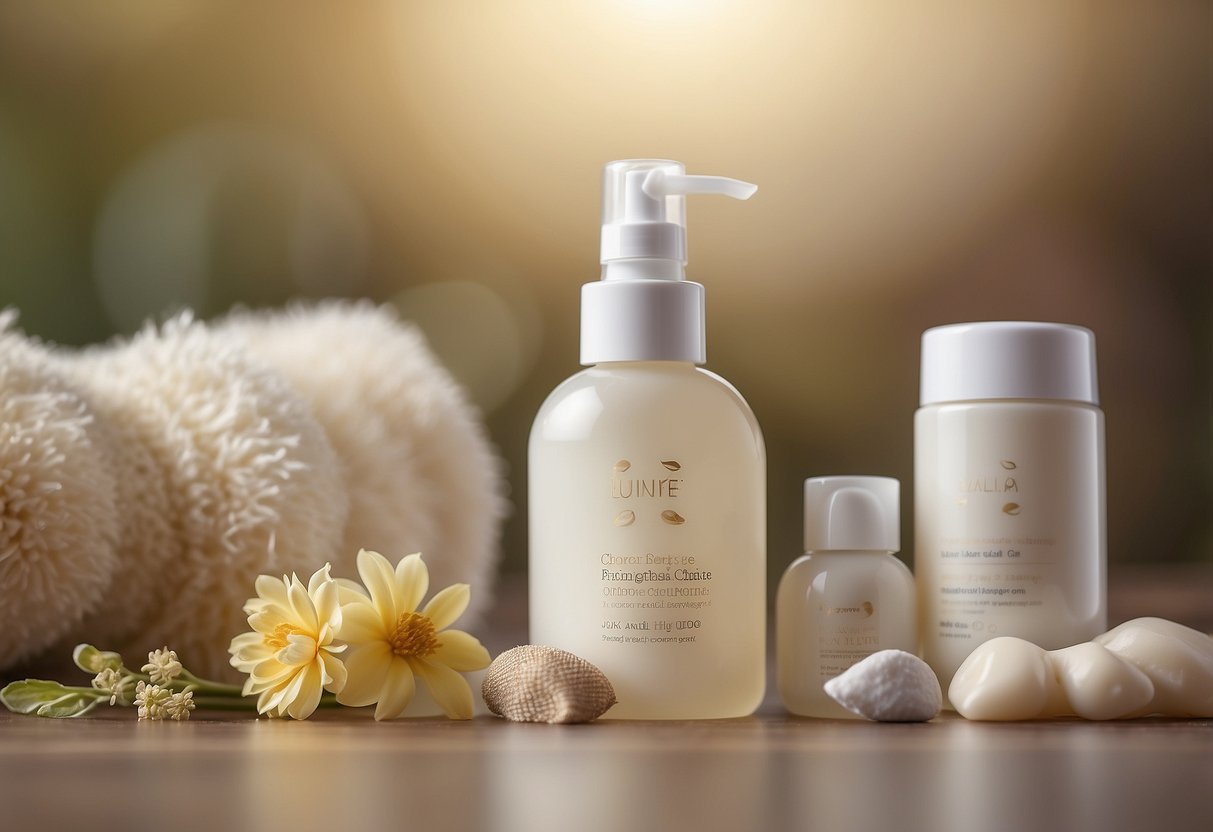 A baby's delicate skin is surrounded by mild, fragrance-free baby care products. A gentle touch and careful attention are given to prevent common skin issues