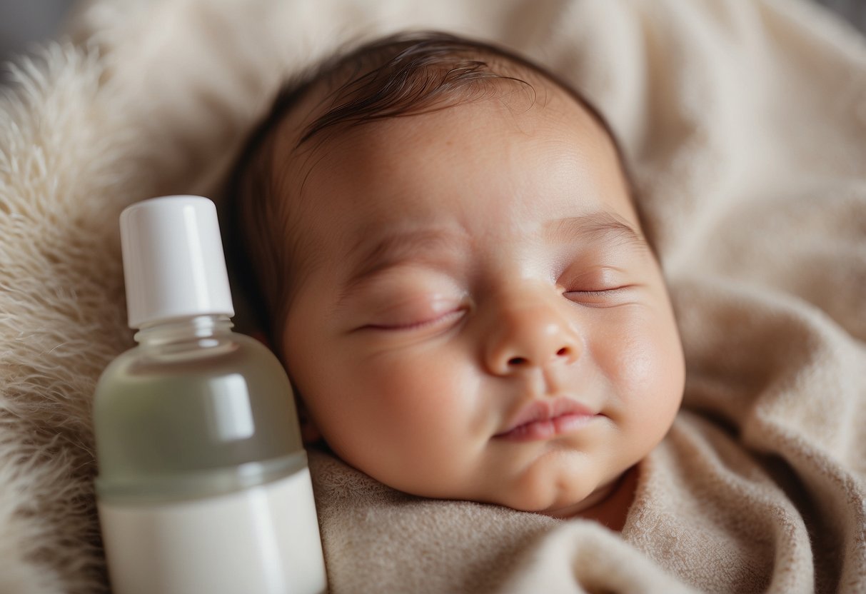 A newborn baby lying on a soft, clean surface, surrounded by gentle skincare products and a caregiver's loving hands