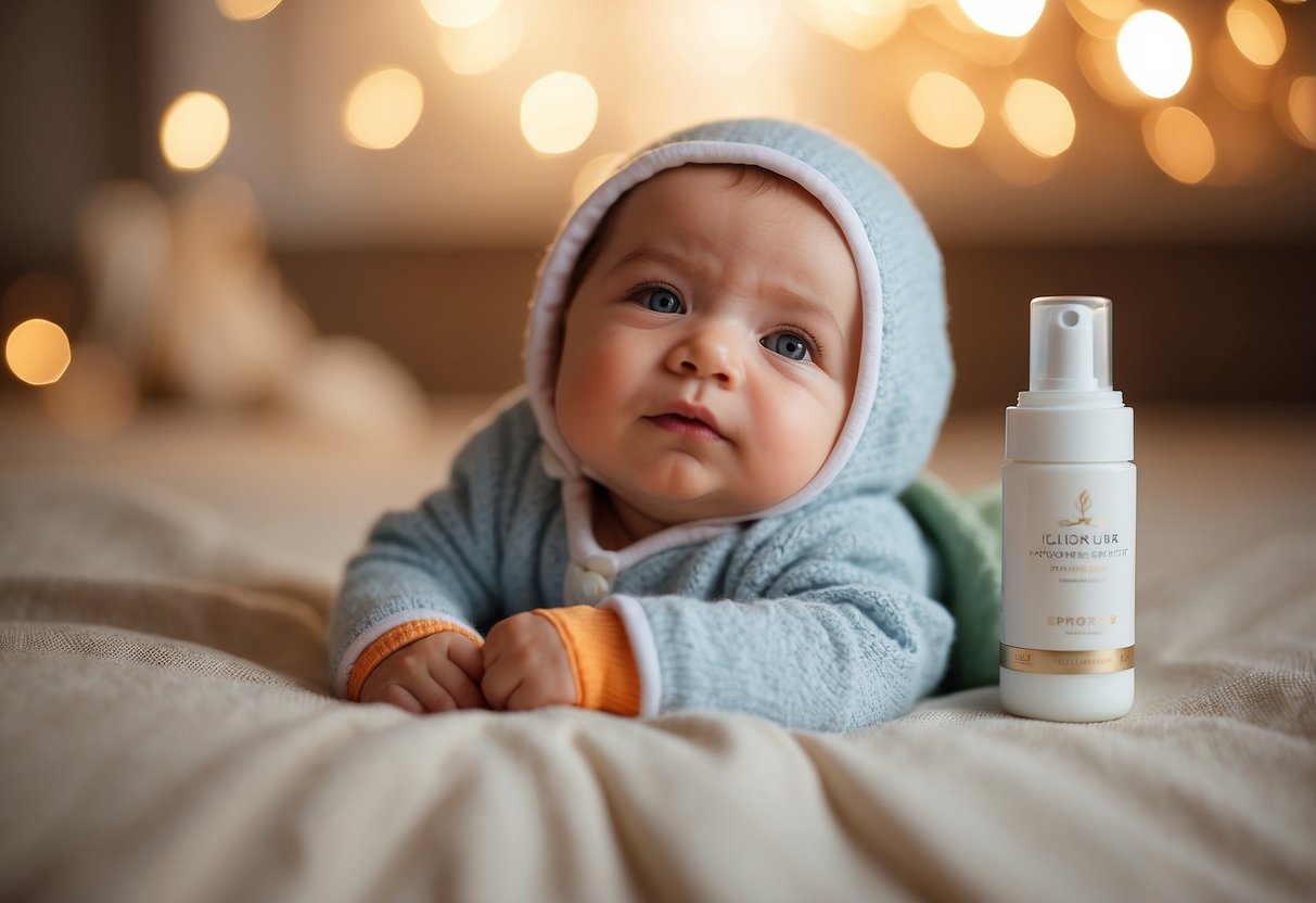 A baby lying on a soft, clean surface with gentle, natural moisturizers nearby. A warm, soothing atmosphere with soft lighting