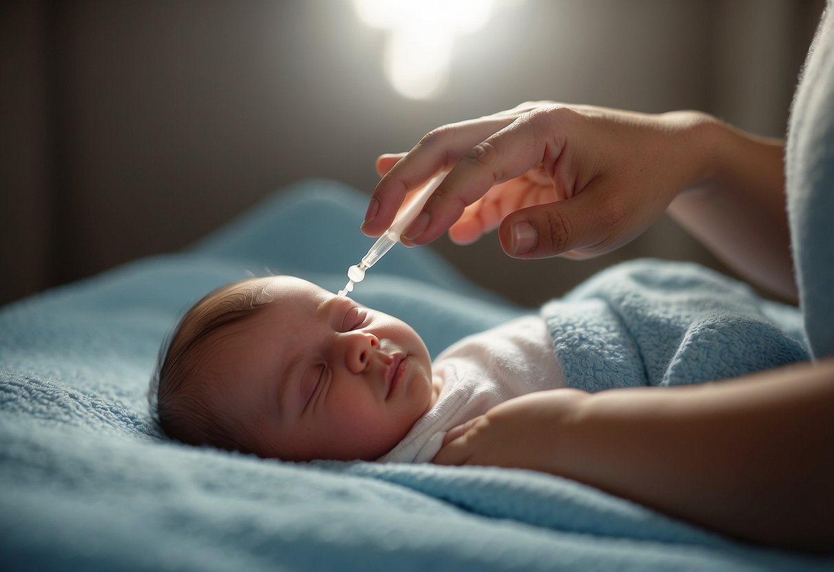 A newborn's umbilical cord being gently cleaned with a cotton swab and antiseptic solution, then left to air dry. The baby is lying comfortably on a soft blanket, surrounded by gentle light