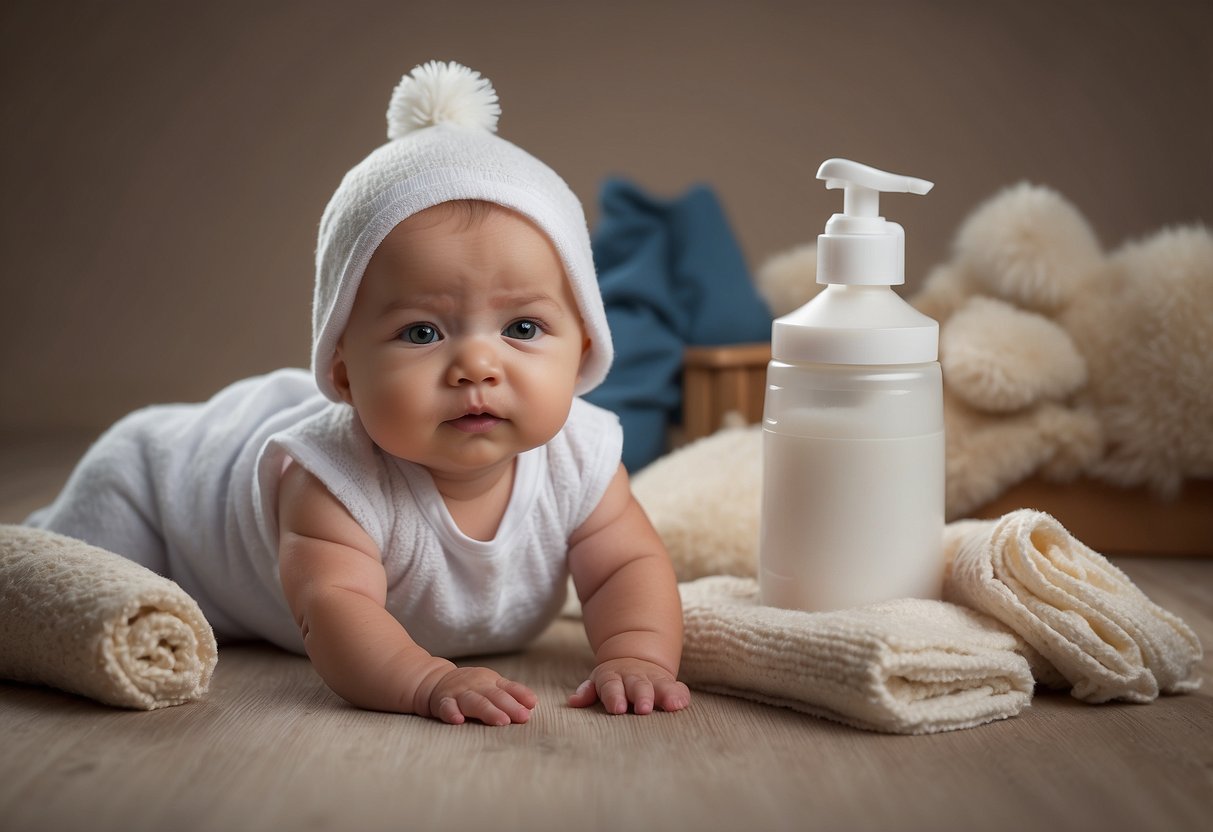 Baby in loose clothing, with a visible umbilical cord stump. Surrounding objects could include baby wipes, diaper, and a gentle cleanser