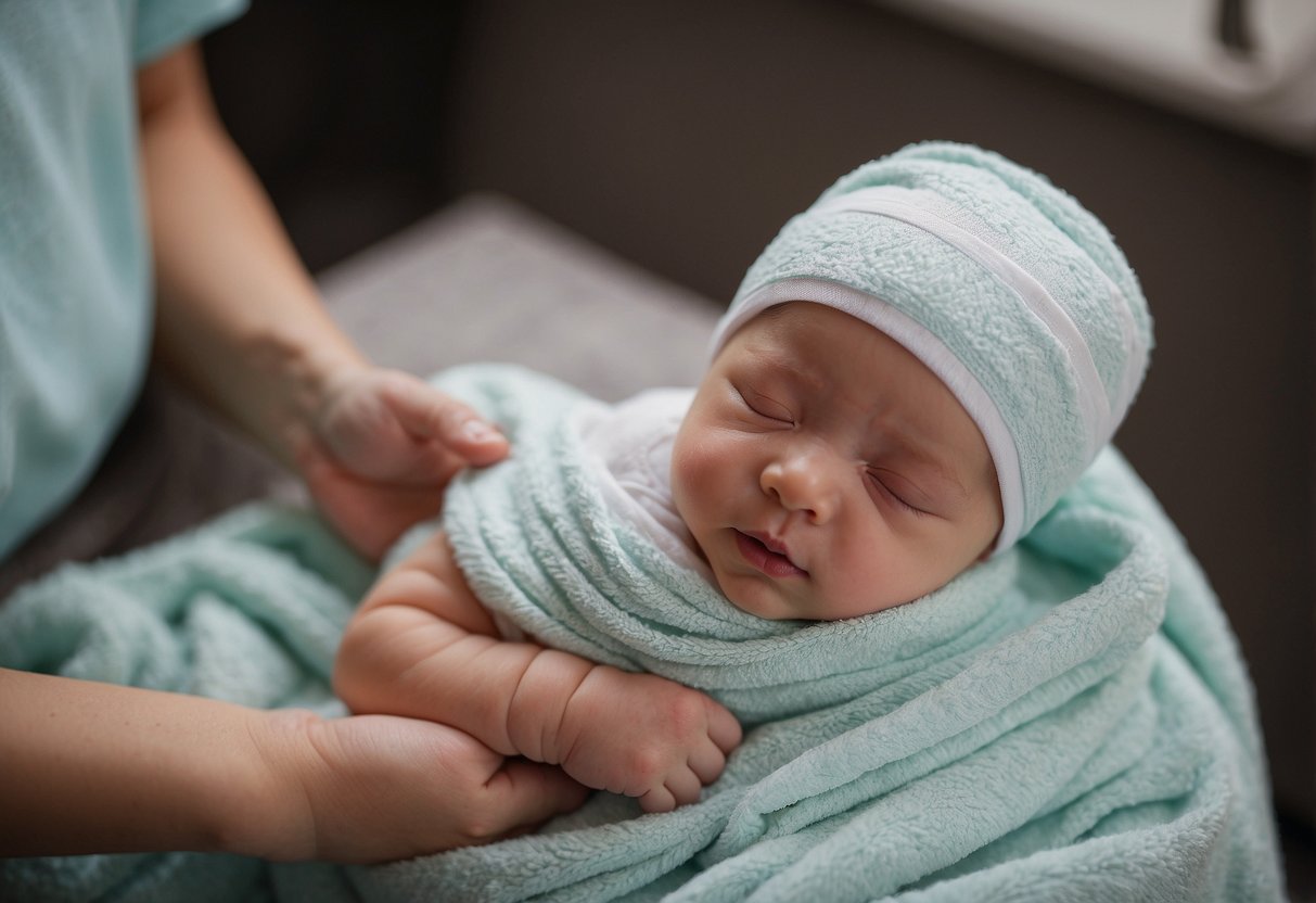 A soft towel gently patting a newborn's umbilical cord